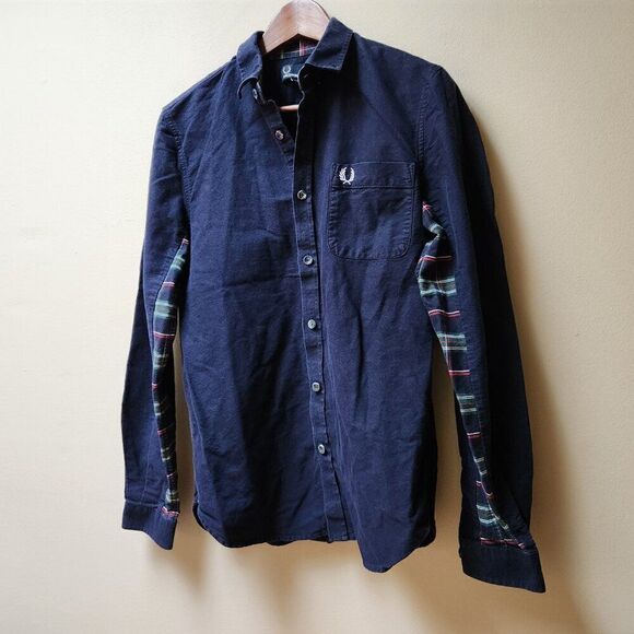 Fred Perry navy plaid trim button up shirt / S - Picture 2 of 6